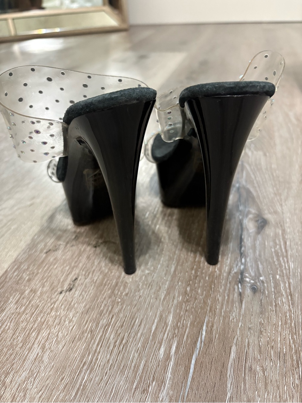Ellie Black Platform Stiletto Mules with Clear Rhinestone Straps - Picture 3 of 7